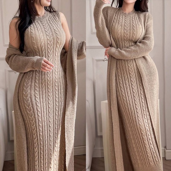 Luxe Chunky Cable Knit Sleeveless Dress Cardigan Set - Picture 1 of 3